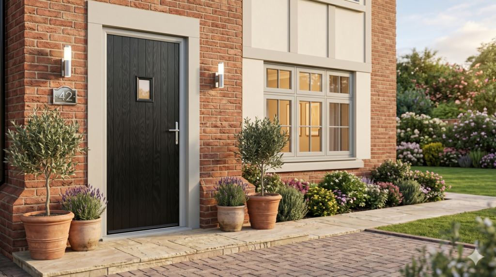Architectural balance: The Door-Stop Cottage High Square (62) composite door features an elevated single square window, providing a generous lower canvas of vertical grooves